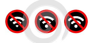 Set of no wifi zone sign icon vector. Wireless network with prohibition symbol