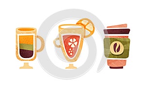 Set of Non-Alcoholic Drinks, Coffee, Lemonade, Cocktail Cartoon Vector Illustration