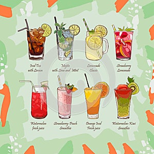 Set of non-alcoholic summer drinks. Classic and Strawberry Lemonade, Iced Tea, Mojito, Watermelon and Orange fresh