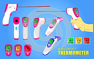 Set of non contact thermometer or infrared thermometer gun or electronic temperature thermometer to measures degree