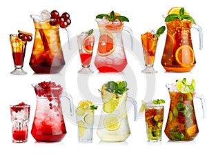 Set of nonalcoholic cocktail in jugs and glasses with fruits and photo