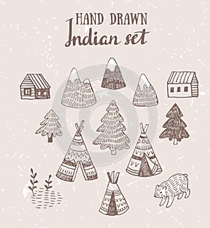 Set of North American Indian tipi homes with tribal ornament hand drawn with ink, elements of forest and mountains, bear and field