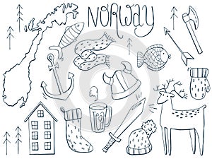 Set of Norway map, icon, doodles. Hand drawn sketched. Vector Illustration.