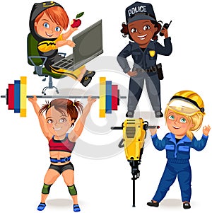 Set of Not female professions, strong woman police officer and builder in uniform , safety secutiry girl police officer