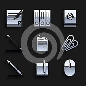 Set Note paper with pinned pushbutton, File document, Computer mouse, Paper clip, Pen line, Pencil eraser and, User