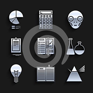 Set Notebook, Light rays in prism, Test tube and flask chemical laboratory, bulb with concept of idea, Clipboard
