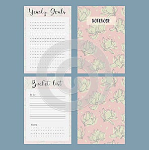 Set of notebook pages with floral cover. Year goals and bucket list template, easy to re-size. For notebooks, planners, brochures
