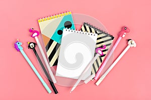 Set of notebooks for notes and pens on pink background