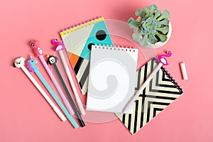 Set of notebooks for notes and pens on pink background