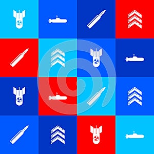 Set Nuclear bomb, Submarine, Bullet and Military rank icon. Vector