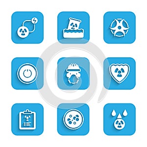 Set Nuclear reactor worker, Molecule, Acid rain and radioactive cloud, Radioactive shield, Radiation warning document