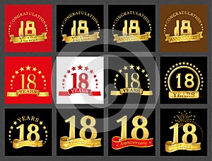 Set of number eighteen 18 years celebration design. Anniversary golden number template elements for your birthday party..