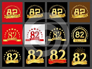 Set of number eighty-two 82 years celebration design. Anniversary golden number template elements for your birthday party..