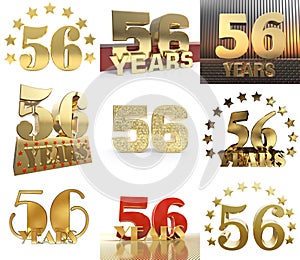 Set of number fifty six year 56 year celebration design. Anniversary golden number template elements for your birthday party. 3D