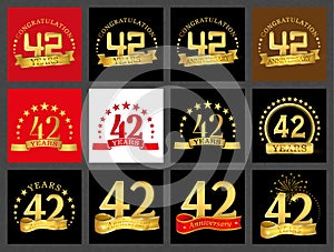 Set of number forty-two 42 years celebration design. Anniversary golden number template elements for your birthday party..