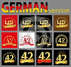 Set of number forty-two 42 years celebration design. Anniversary golden number template elements for your birthday party. Transl