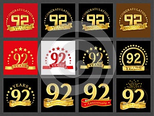 Set of number ninety-two 92 years celebration design. Anniversary golden number template elements for your birthday party..