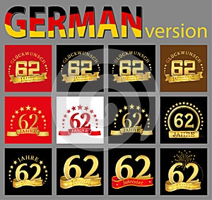 Set of number sixty-two 62 years celebration design. Anniversary golden number template elements for your birthday party. Transl