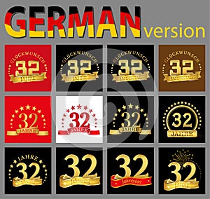 Set of number thirty-two 32 years celebration design. Anniversary golden number template elements for your birthday party. Trans