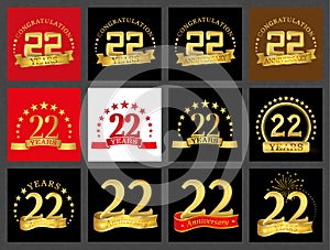 Set of number twenty-two 22 years celebration design. Anniversary golden number template elements for your birthday party..