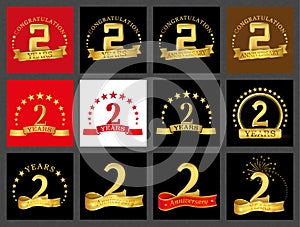 Set of number two 2 years celebration design. Anniversary golden number template elements for your birthday party.