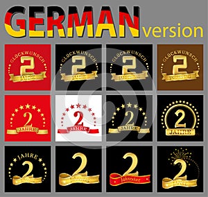 Set of number two 2 years celebration design. Anniversary golden number template elements for your birthday party. Translated fr
