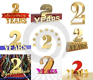 Set of number two years 2 years celebration design. Anniversary golden number template elements for your birthday party