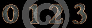 Set of numbers 0, 1, 2, 3 made of leather. 3D render font with skin texture isolated on black background.