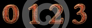 Set of numbers 0, 1, 2, 3 made of leather. 3D render font with skin texture isolated on black background.