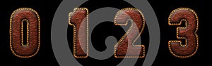 Set of numbers 0, 1, 2, 3 made of leather. 3D render font with skin texture isolated on black background.