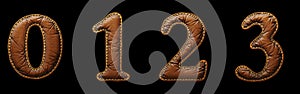 Set of numbers 0, 1, 2, 3 made of leather. 3D render font with skin texture isolated on black background.