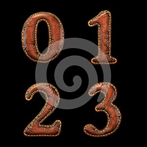 Set of numbers 0, 1, 2, 3 made of leather. 3D render font with skin texture isolated on black background.