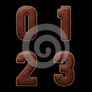 Set of numbers 0, 1, 2, 3 made of leather. 3D render font with skin texture isolated on black background.