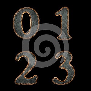 Set of numbers 0, 1, 2, 3 made of leather. 3D render font with skin texture isolated on black background.