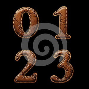 Set of numbers 0, 1, 2, 3 made of leather. 3D render font with skin texture isolated on black background.