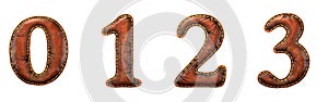 Set of numbers 0, 1, 2, 3 made of leather. 3D render font with skin texture isolated on white background.