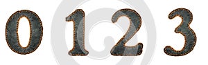 Set of numbers 0, 1, 2, 3 made of leather. 3D render font with skin texture isolated on white background.