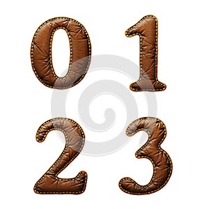 Set of numbers 0, 1, 2, 3 made of leather. 3D render font with skin texture isolated on white background.