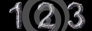 Set of numbers 1, 2, 3 made of forged metal isolated on black background. 3d