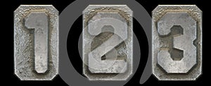 Set of numbers 1, 2, 3 made of industrial metal on black background 3d
