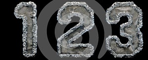 Set of numbers 1, 2, 3 made of industrial metal on black background 3d