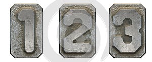 Set of numbers 1, 2, 3 made of industrial metal on white background 3d