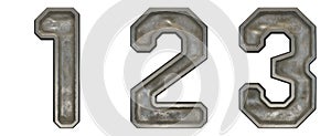 Set of numbers 1, 2, 3 made of industrial metal on white background 3d