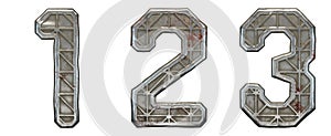 Set of numbers 1, 2, 3 made of industrial metal on white background 3d