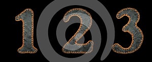 Set of numbers 1, 2, 3 made of leather. 3D render font with skin texture isolated on black background.