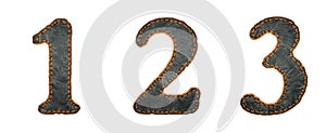 Set of numbers 1, 2, 3 made of leather. 3D render font with skin texture isolated on white background.