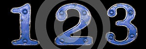 Set of numbers 1, 2, 3 made of painted metal with blue rivets on black background. 3d