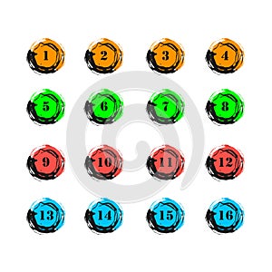 Set of numbers from 1 to 16 in a modern style circle , bright abstract circle icon. Vector illustration