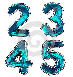 Set of numbers 2, 3, 4, 5 made of blue color glass.