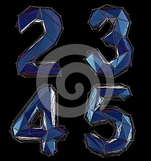 Set of numbers 2, 3, 4, 5 made of blue color glass.